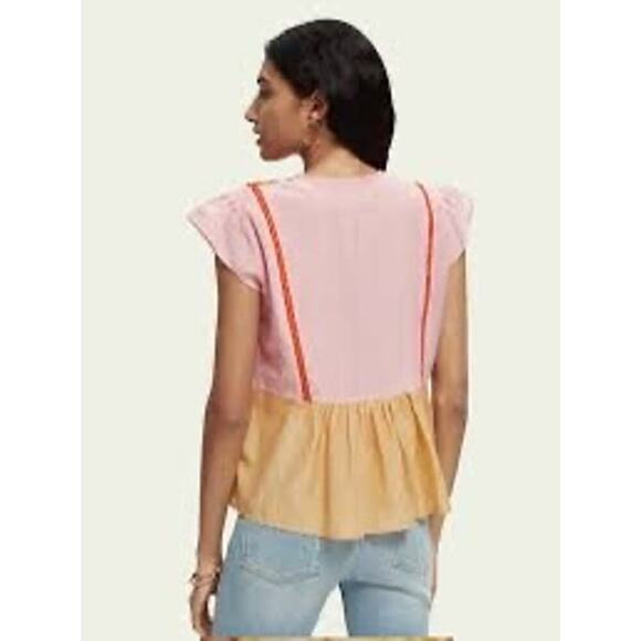 Scotch & Soda Amsterdam V Neck Flutter Short Sleeve Color Block Top Size Small - Picture 3 of 10